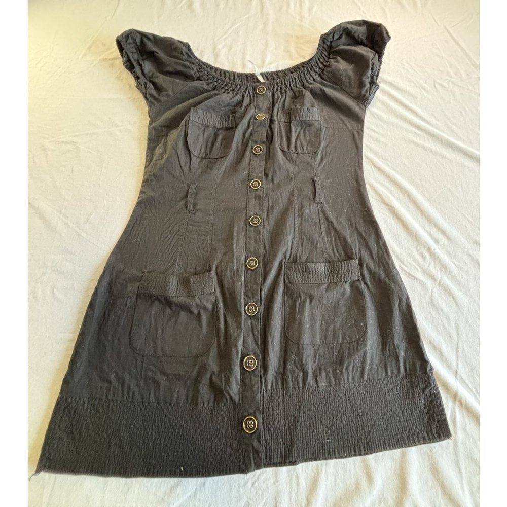 MAX Rave Black Button Front Mini Dress Women’s Size M Smocked Pockets Boho Y2K